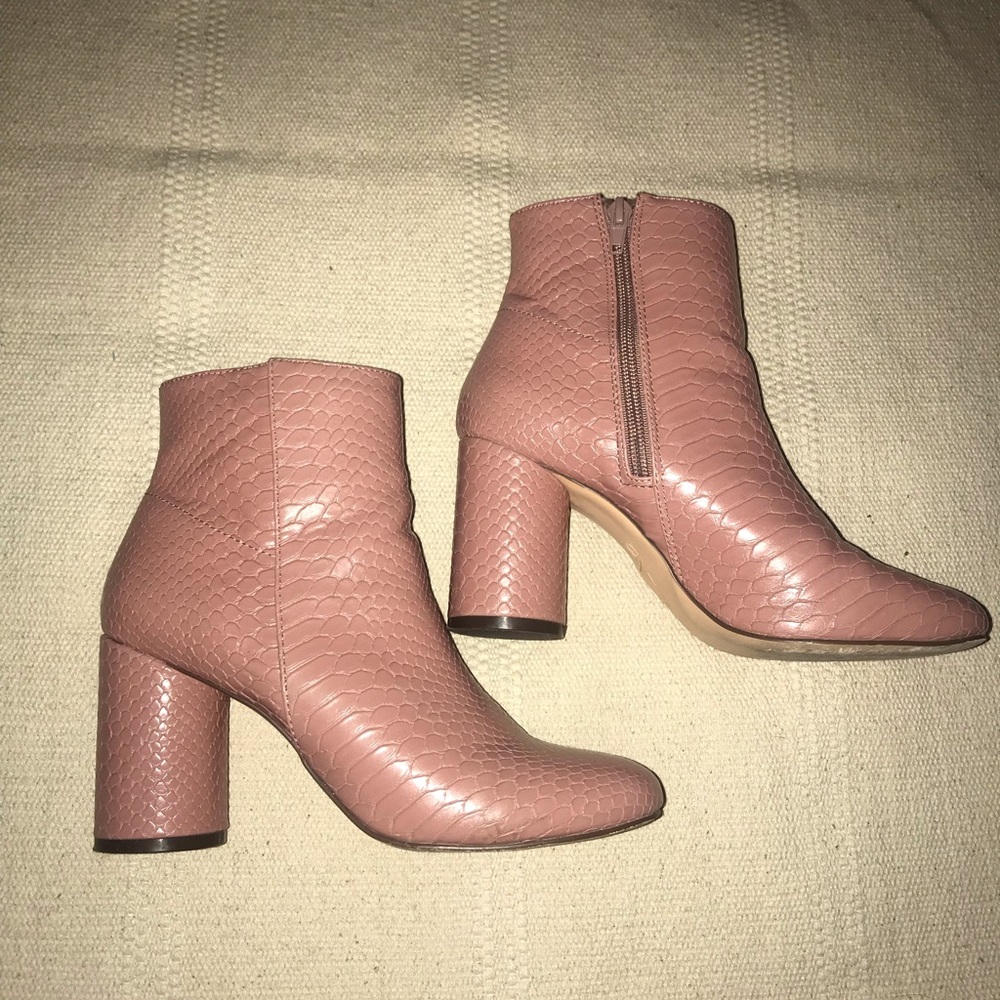 Light pink faux snakeskin ankle boots